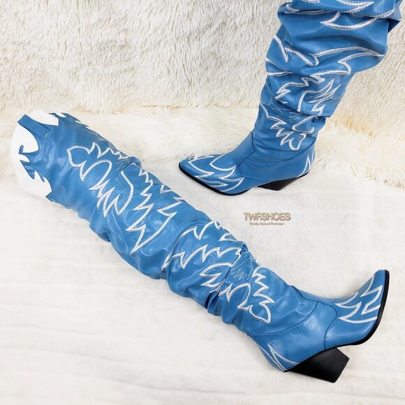 Turquoise Blue Embroidered White Western OTK Thigh High Slouch Cowboy Boots - Picture 3 of 15